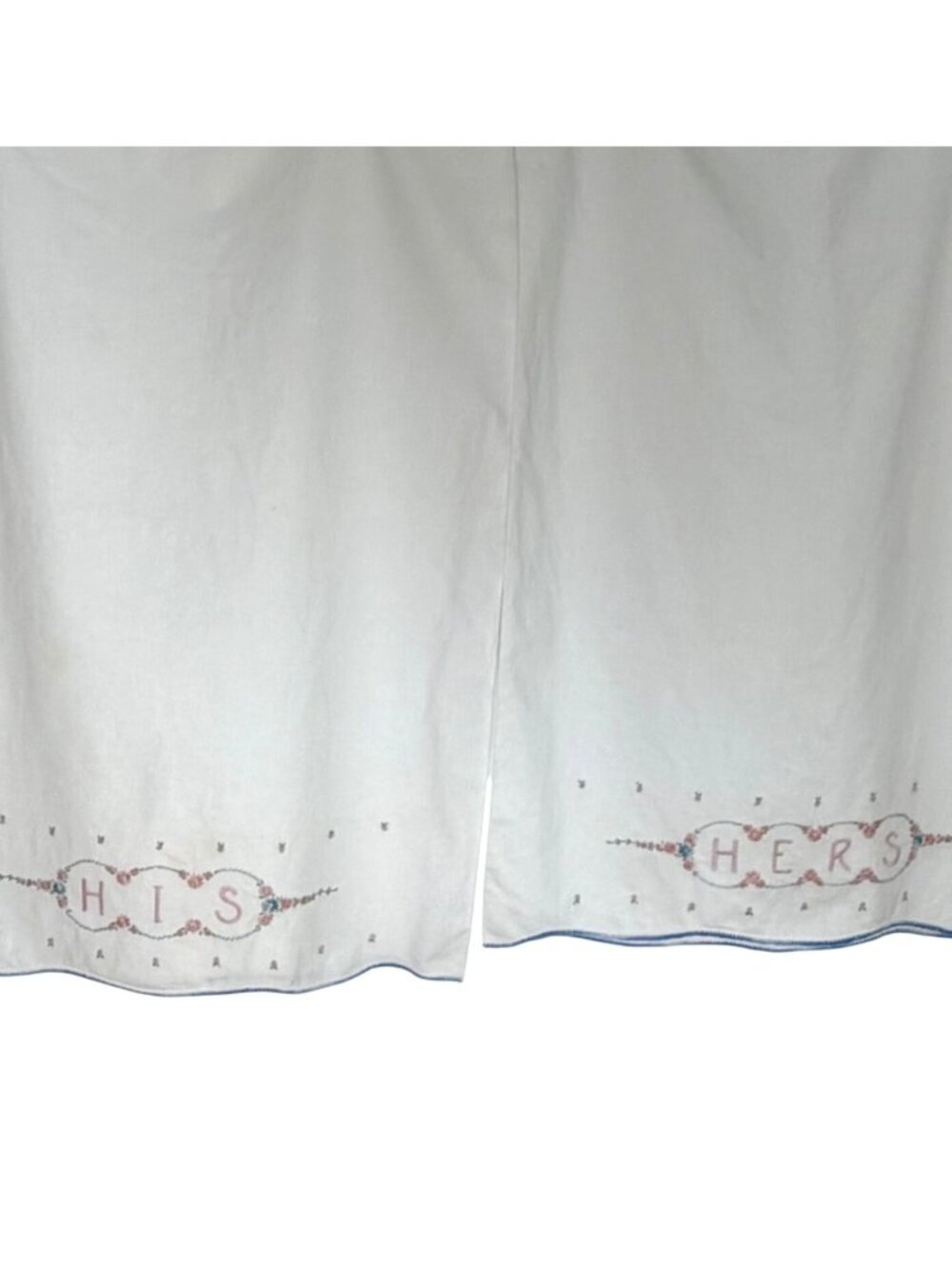 Vintage His Hers Embroidered Pillowcases Standard Size White Cotton Floral